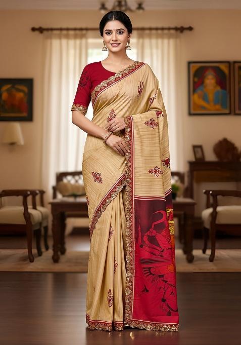 Red Motif Cotton Saree Set