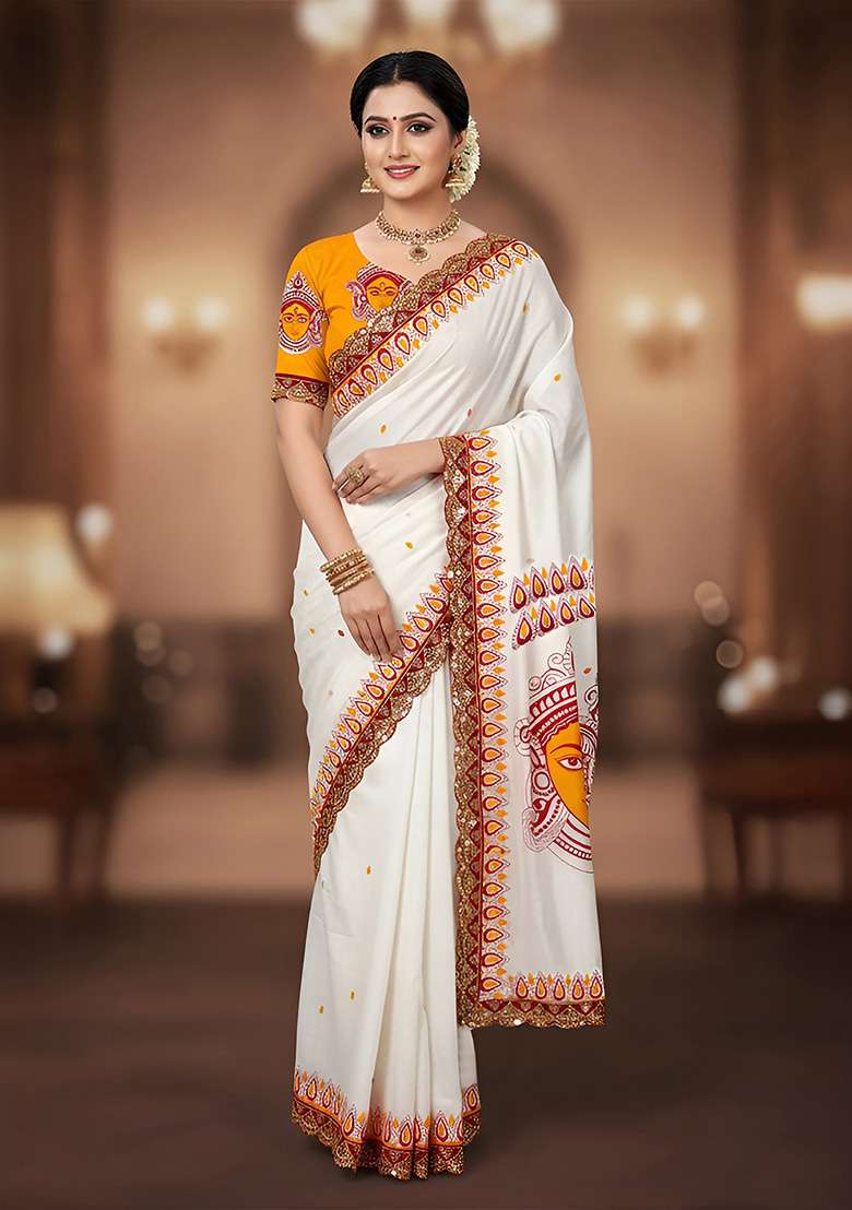 Mustard Yellow Motif Cotton Saree Set for Diwali and Festive Wear - Indya