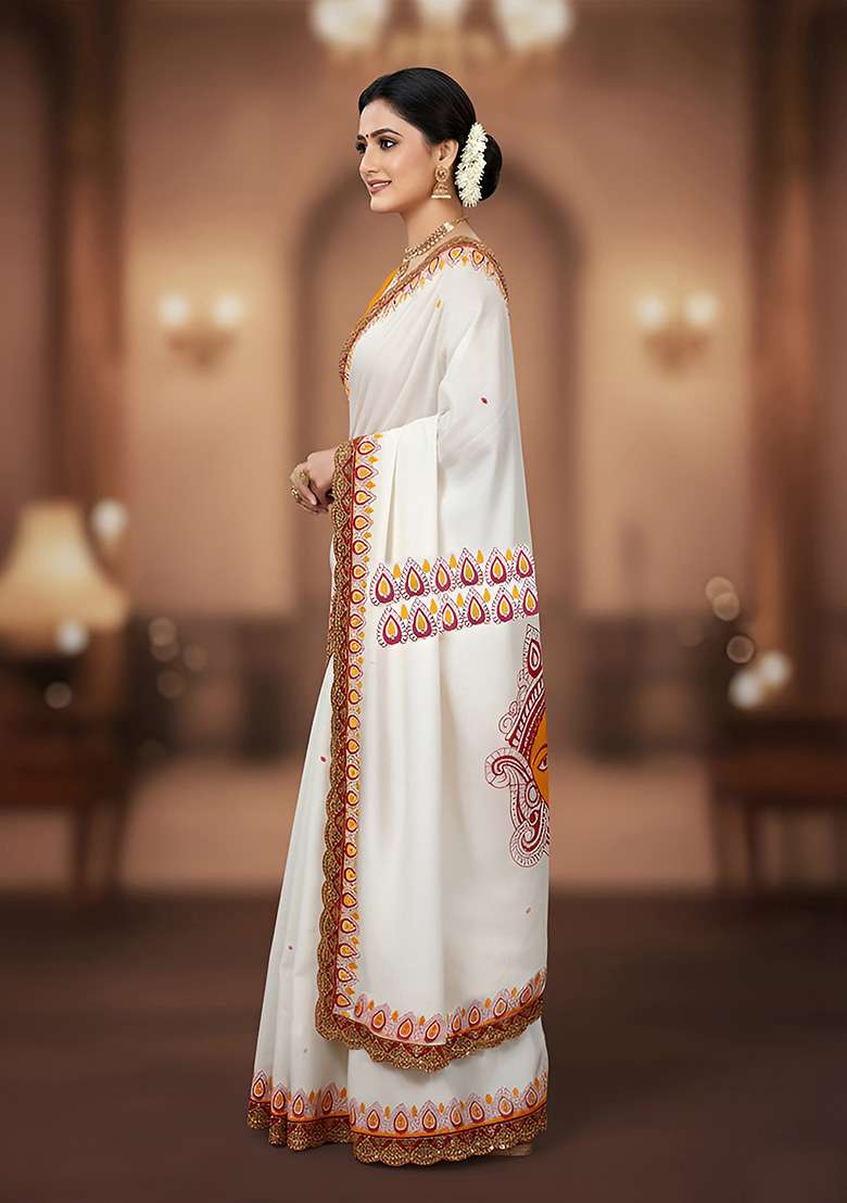 Mustard Yellow Motif Cotton Saree Set for Diwali and Festive Wear - Indya