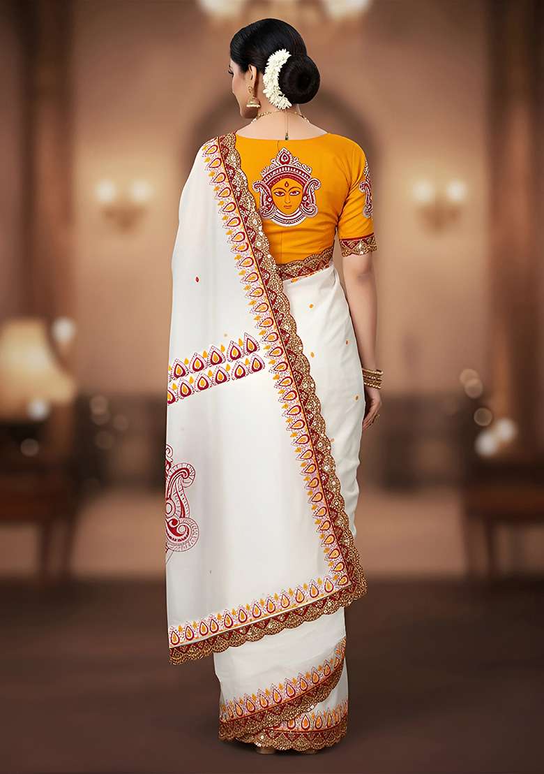 Mustard Yellow Motif Cotton Saree Set for Diwali and Festive Wear - Indya