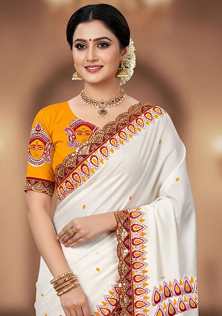 Mustard Yellow Motif Cotton Saree Set for Diwali and Festive Wear - Indya