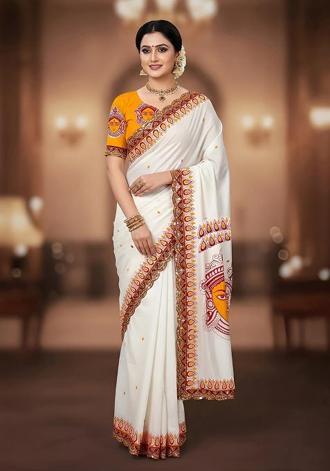 Mustard Yellow Motif Cotton Saree Set