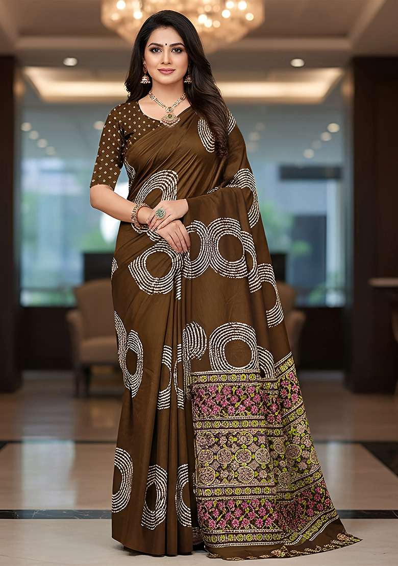 Brown Motif Cotton Saree Set for Diwali | Wedding & Festive Wear - Indya