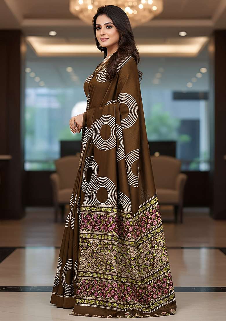 Brown Motif Cotton Saree Set for Diwali | Wedding & Festive Wear - Indya