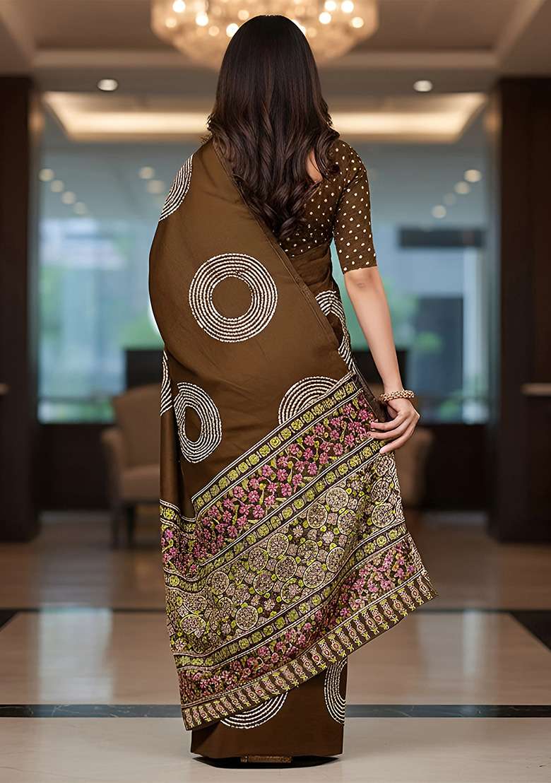 Brown Motif Cotton Saree Set for Diwali | Wedding & Festive Wear - Indya