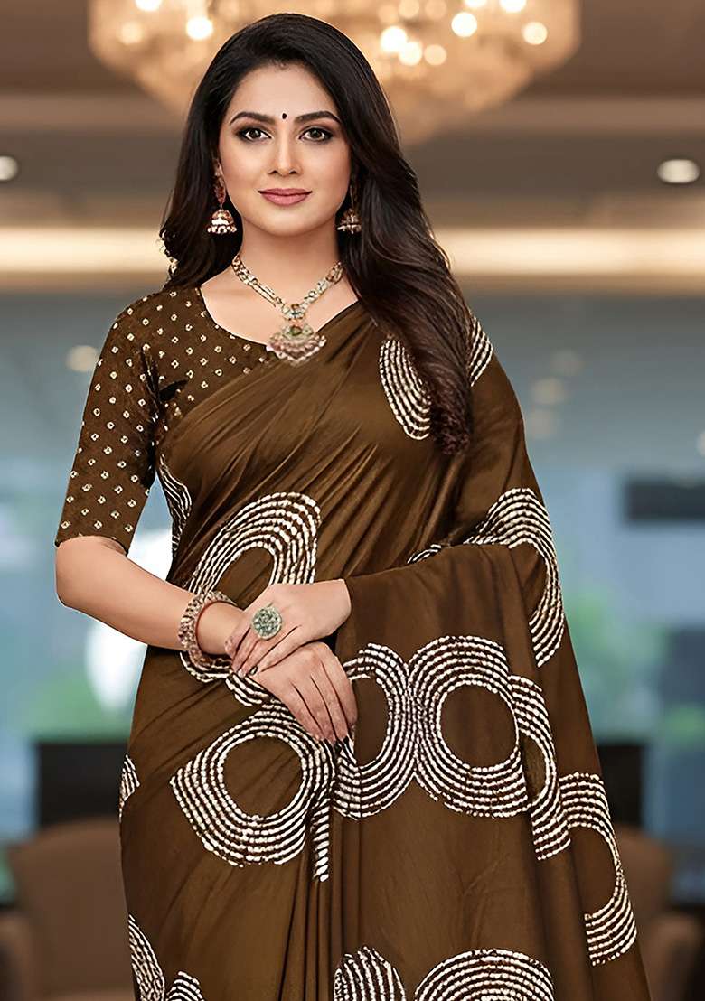 Brown Motif Cotton Saree Set for Diwali | Wedding & Festive Wear - Indya