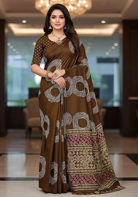 Brown Motif Cotton Saree Set