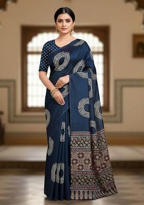 Dark Blue Motif Cotton Saree Set