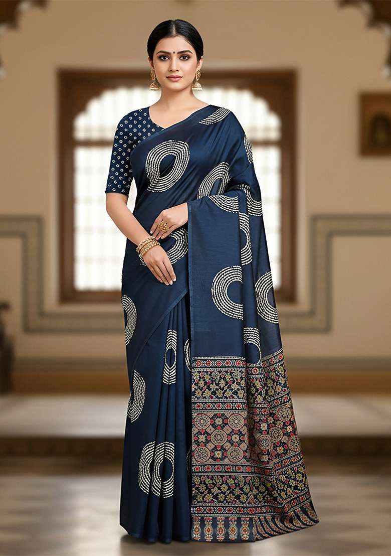 Dark Blue Motif Cotton Saree Set for Diwali and Festive Wear - Indya