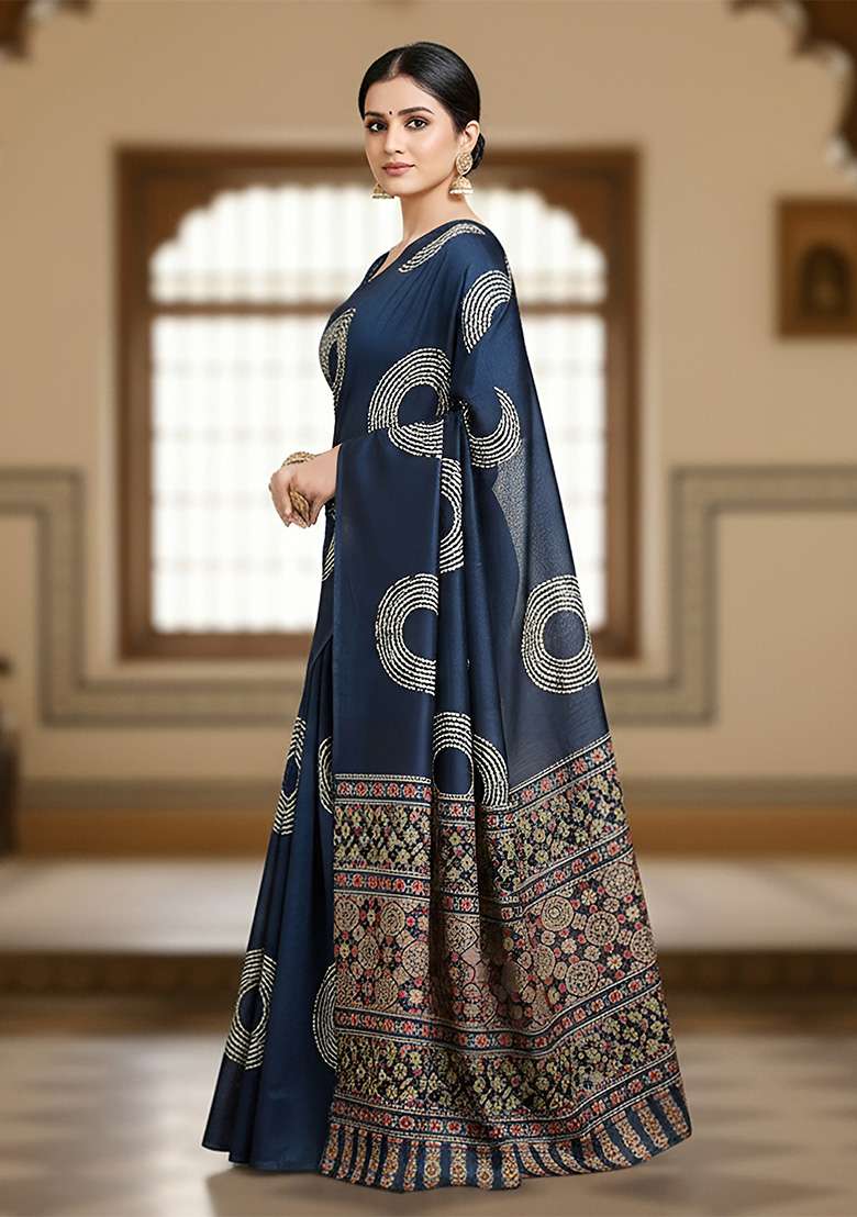 Dark Blue Motif Cotton Saree Set for Diwali and Festive Wear - Indya