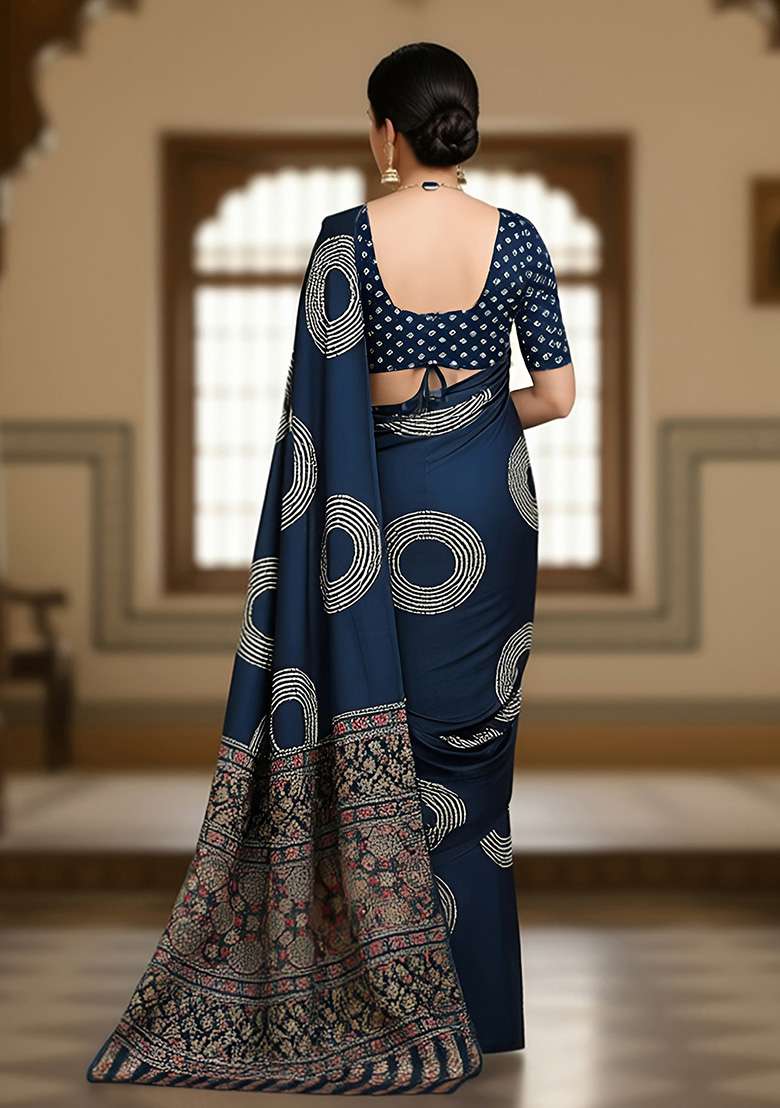 Dark Blue Motif Cotton Saree Set for Diwali and Festive Wear - Indya