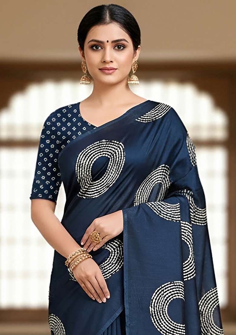 Dark Blue Motif Cotton Saree Set for Diwali and Festive Wear - Indya