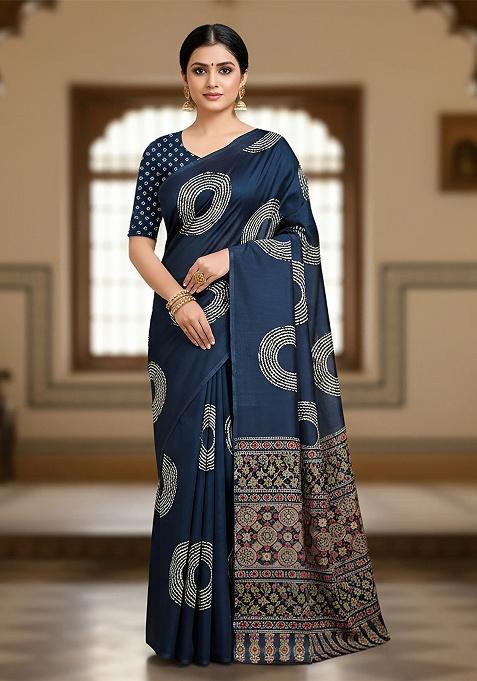 Dark Blue Motif Cotton Saree Set