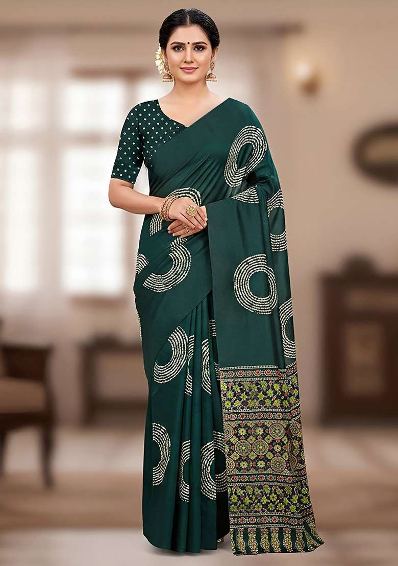 Green Motif Cotton Saree Set for Diwali | Wedding & Festive Wear - Indya