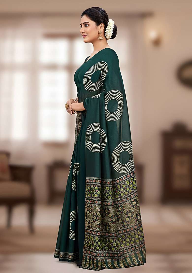 Green Motif Cotton Saree Set for Diwali | Wedding & Festive Wear - Indya