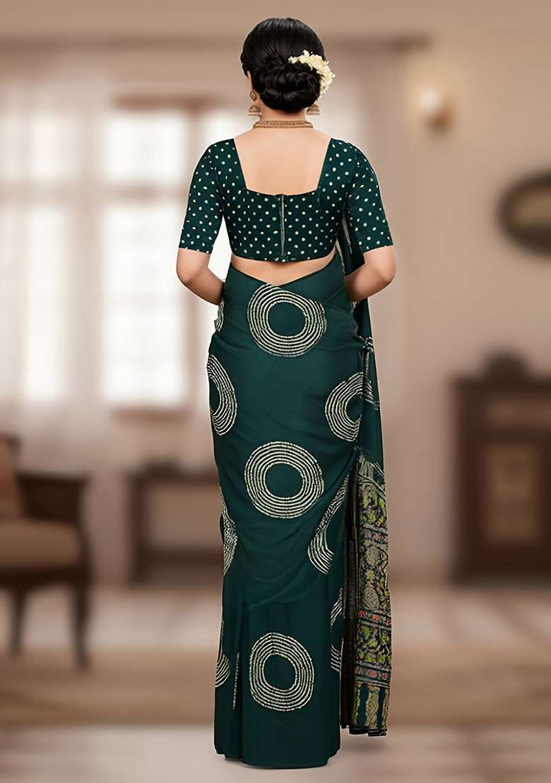 Green Motif Cotton Saree Set for Diwali | Wedding & Festive Wear - Indya
