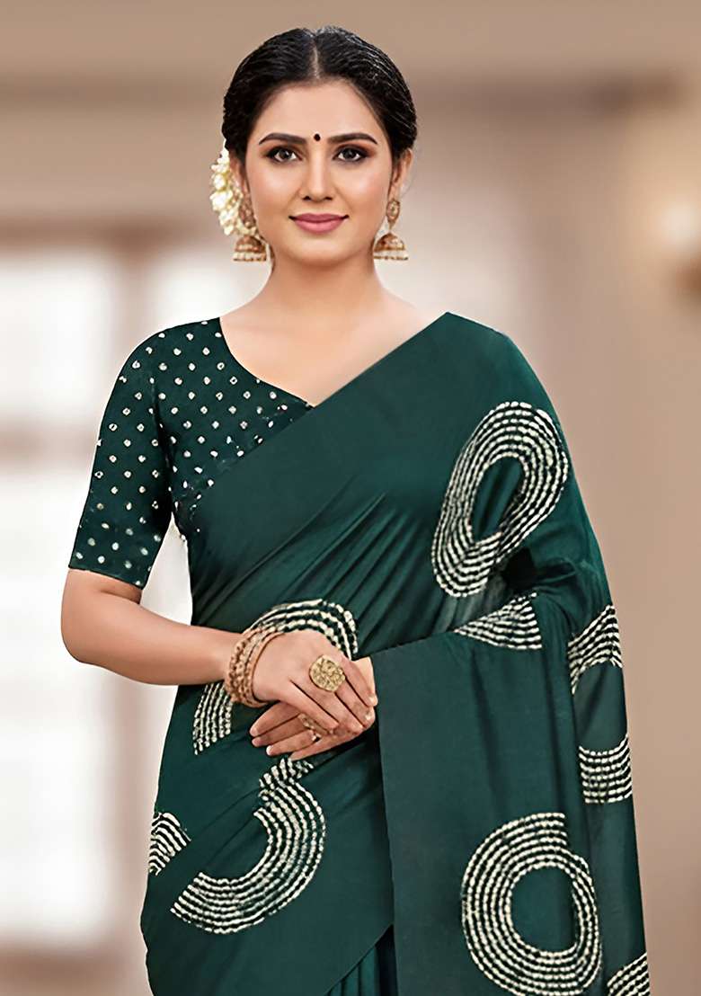 Green Motif Cotton Saree Set for Diwali | Wedding & Festive Wear - Indya