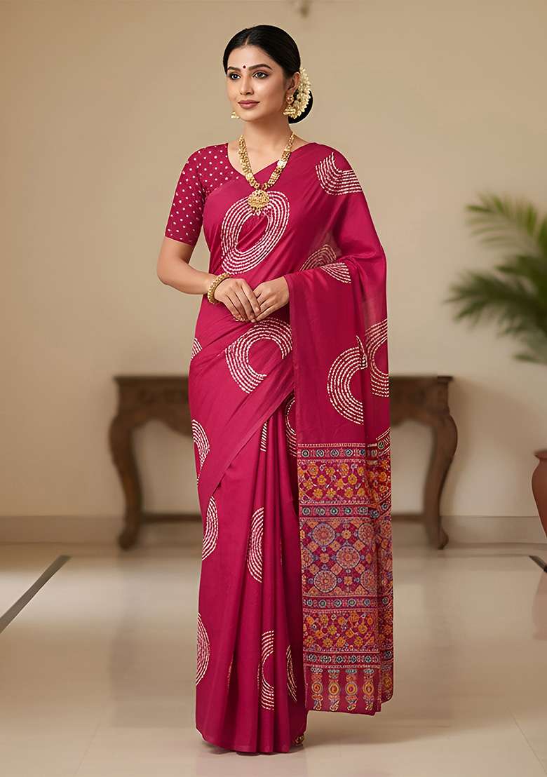 Pink Motif Cotton Saree Set for Diwali and Festive Wear - Indya