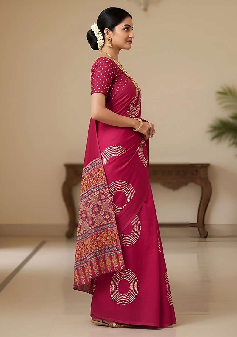 Pink Motif Cotton Saree Set for Diwali and Festive Wear - Indya