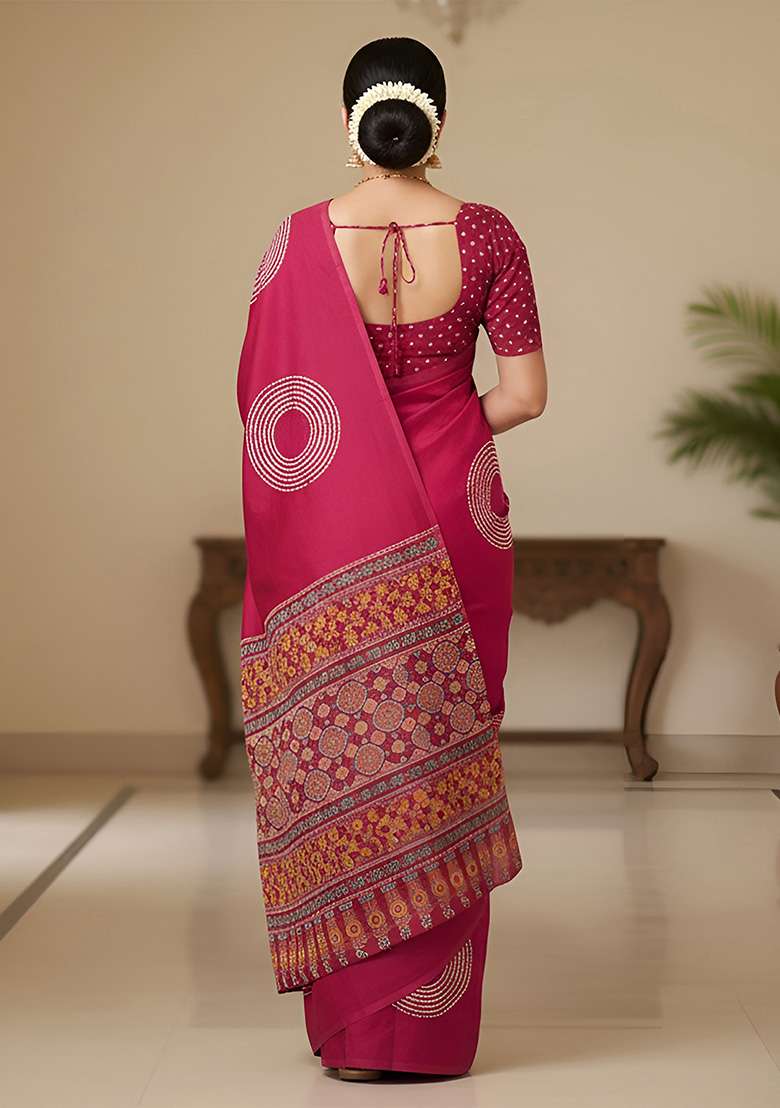 Pink Motif Cotton Saree Set for Diwali and Festive Wear - Indya