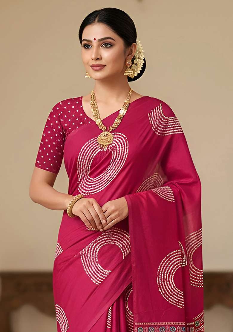 Pink Motif Cotton Saree Set for Diwali and Festive Wear - Indya