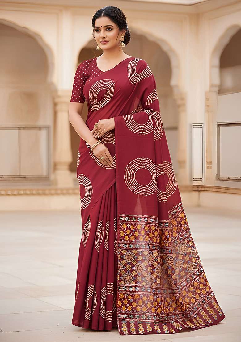 Red Motif Cotton Saree Set for Diwali | Wedding & Festive Wear - Indya