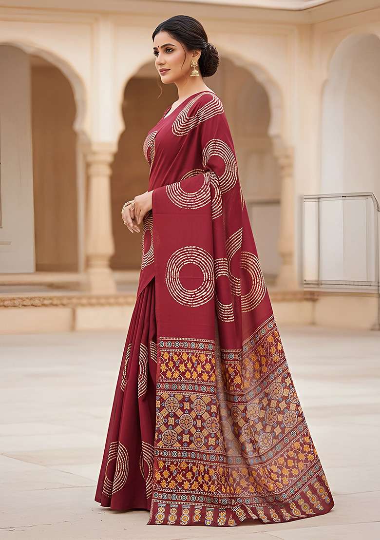 Red Motif Cotton Saree Set for Diwali | Wedding & Festive Wear - Indya