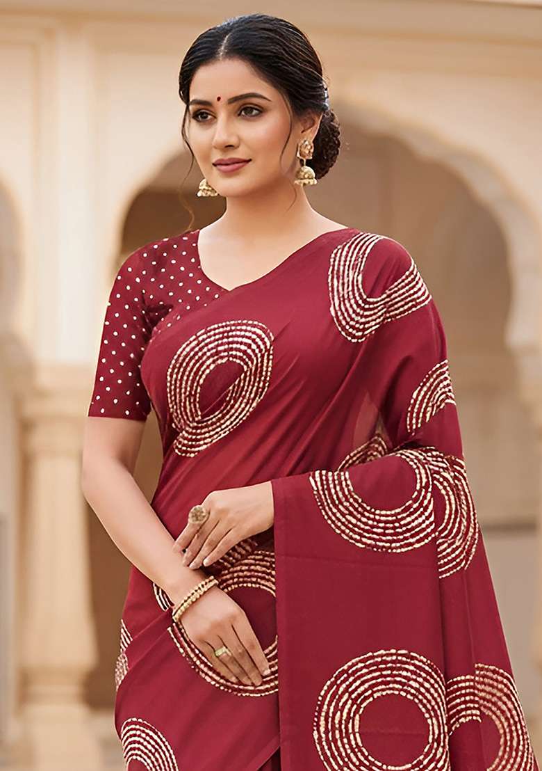 Red Motif Cotton Saree Set for Diwali | Wedding & Festive Wear - Indya