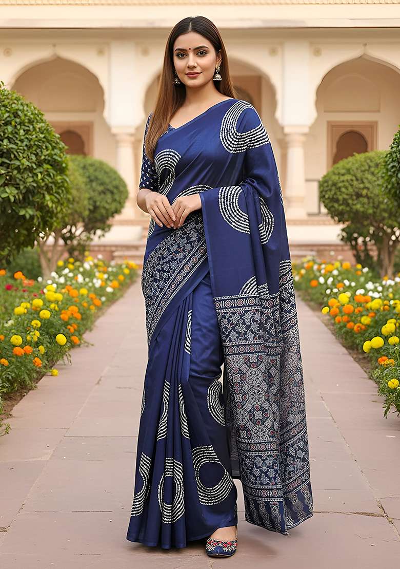 Blue Motif Cotton Saree Set for Diwali | Wedding & Festive Wear - Indya