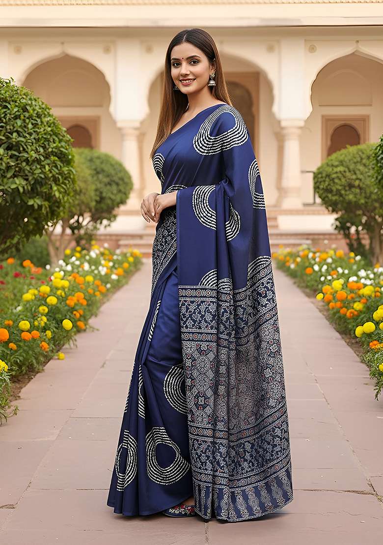 Blue Motif Cotton Saree Set for Diwali | Wedding & Festive Wear - Indya