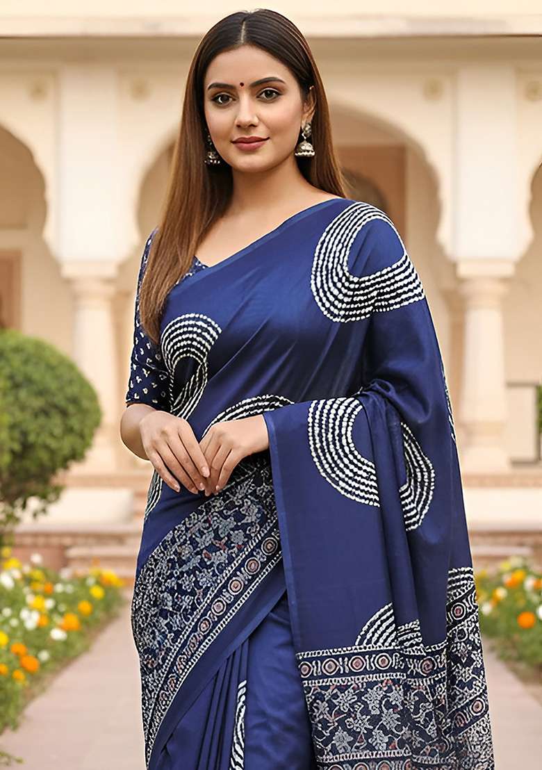 Blue Motif Cotton Saree Set for Diwali | Wedding & Festive Wear - Indya