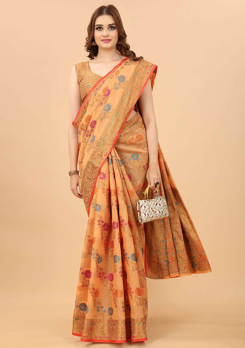 Peach Solid Cotton Blend Saree Set - Indya
