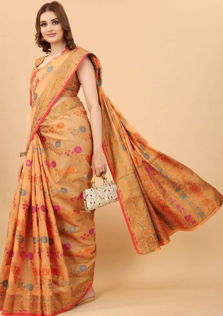 Peach Solid Cotton Blend Saree Set - Indya