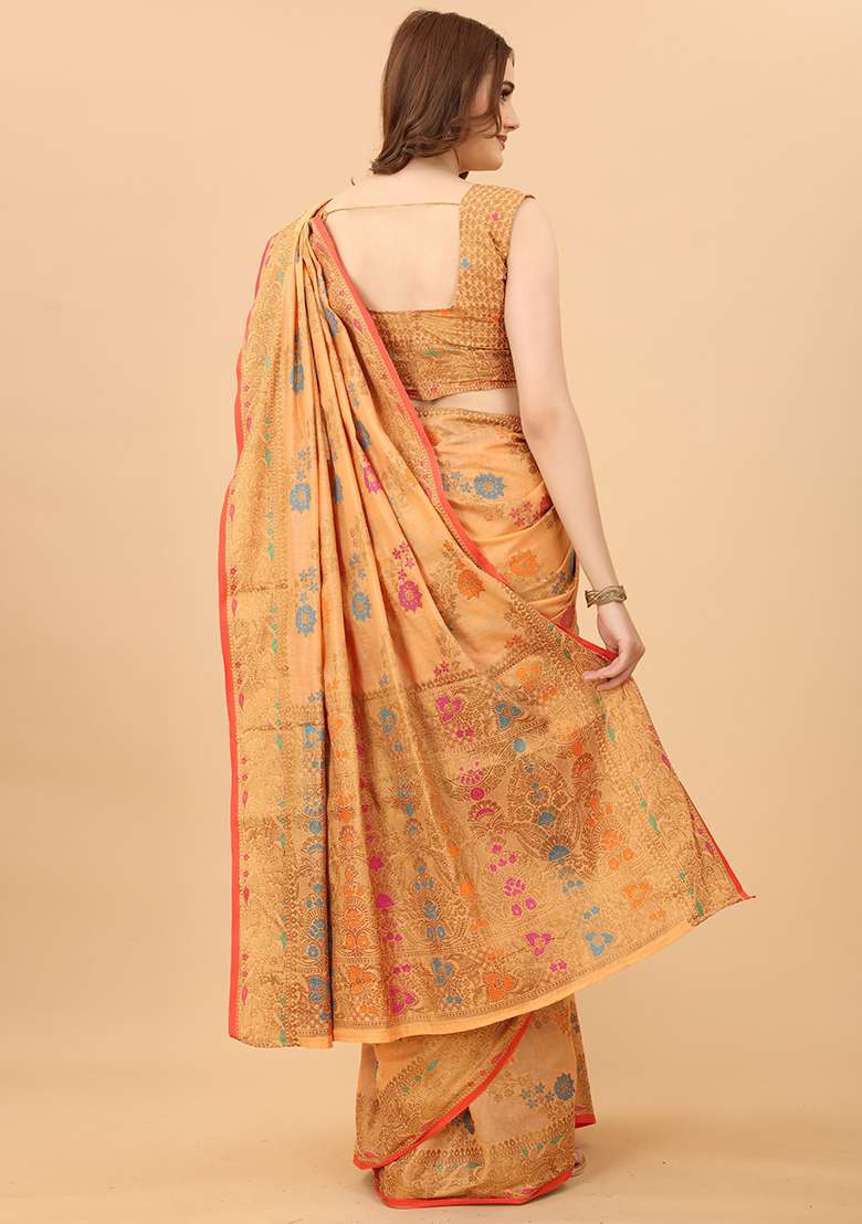 Peach Solid Cotton Blend Saree Set - Indya