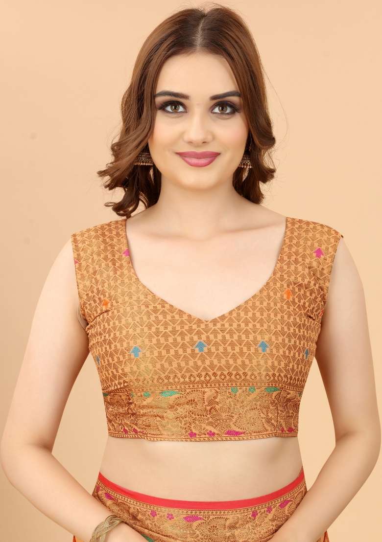 Peach Solid Cotton Blend Saree Set - Indya