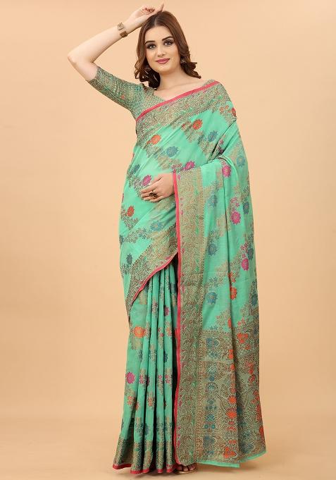 Firozi Solid Cotton Blend Saree Set