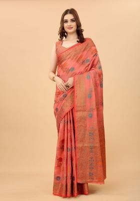 Pink Solid Cotton Blend Saree Set