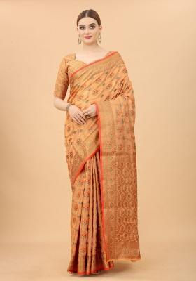 Peach Solid Cotton Blend Saree Set