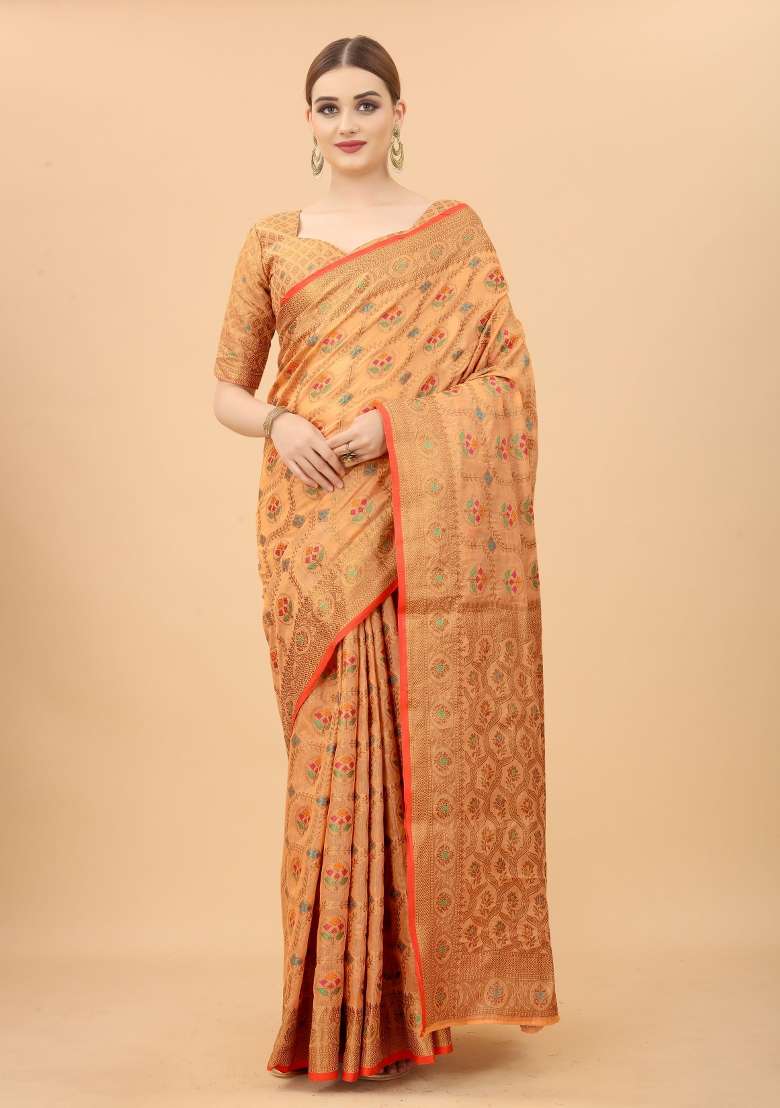 Peach Solid Cotton Blend Saree Set - Indya