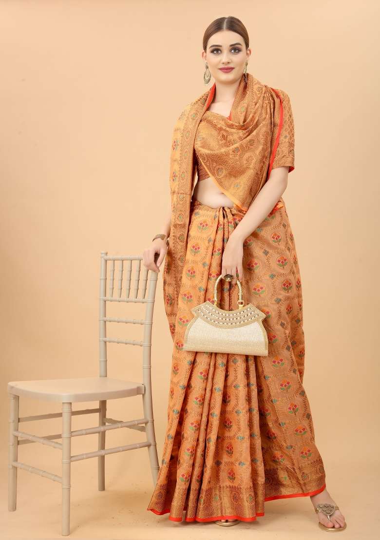Peach Solid Cotton Blend Saree Set - Indya