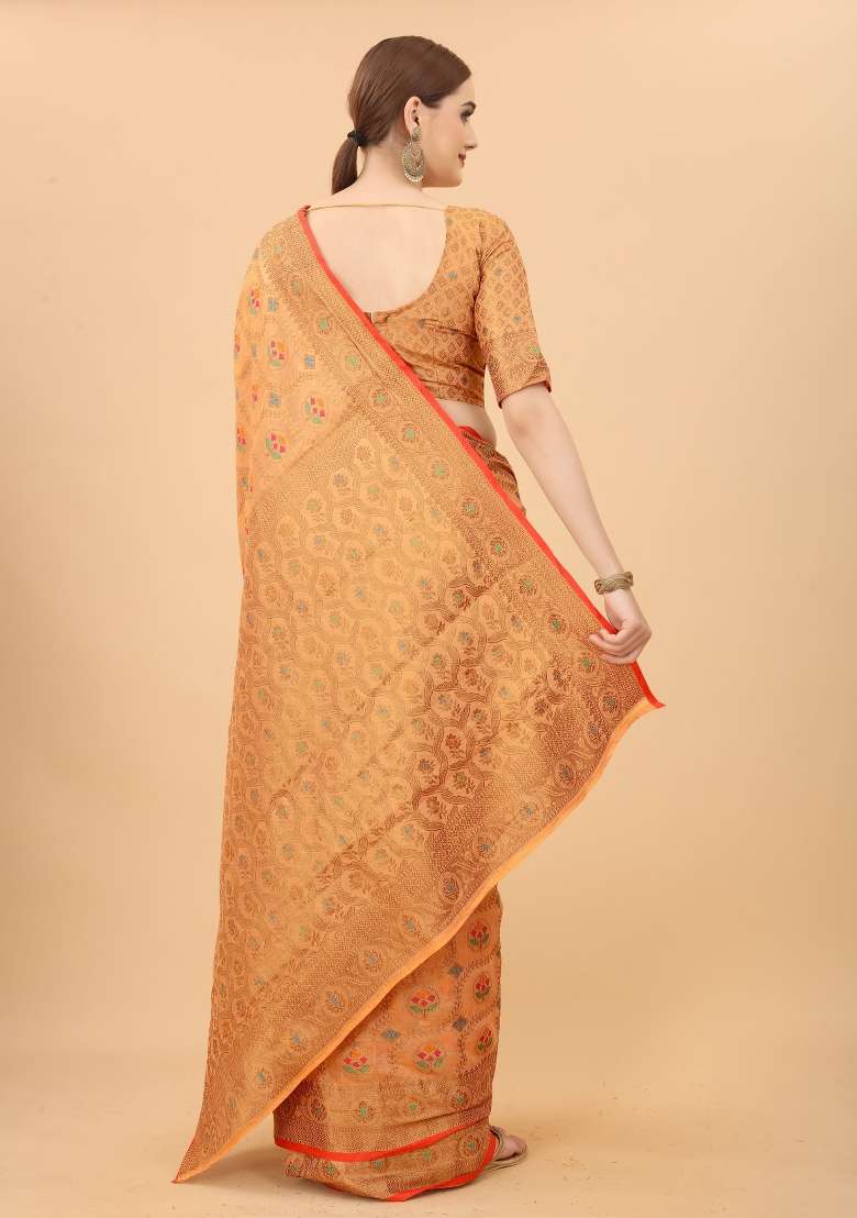 Peach Solid Cotton Blend Saree Set - Indya