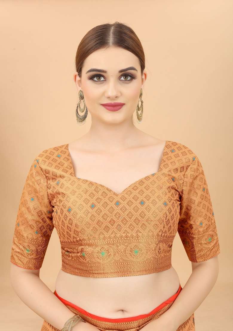 Peach Solid Cotton Blend Saree Set - Indya