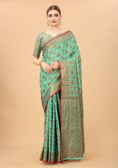 Firozi Solid Cotton Blend Saree Set