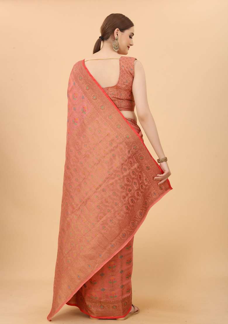 Pink Solid Blend Cotton Saree Set for Diwali | Wedding & Festive Wear - Indya