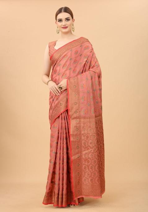 Pink Solid Cotton Blend Saree Set