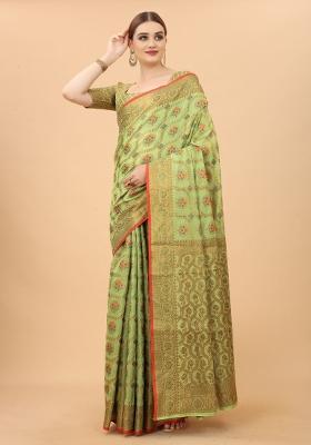 Green Solid Cotton Blend Saree Set