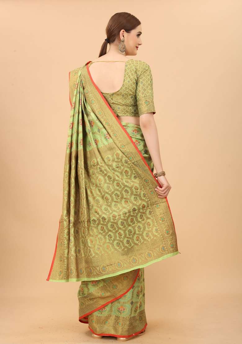 Green Solid Cotton Blend Saree Set - Indya
