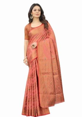 Pink Solid Cotton Blend Saree Set