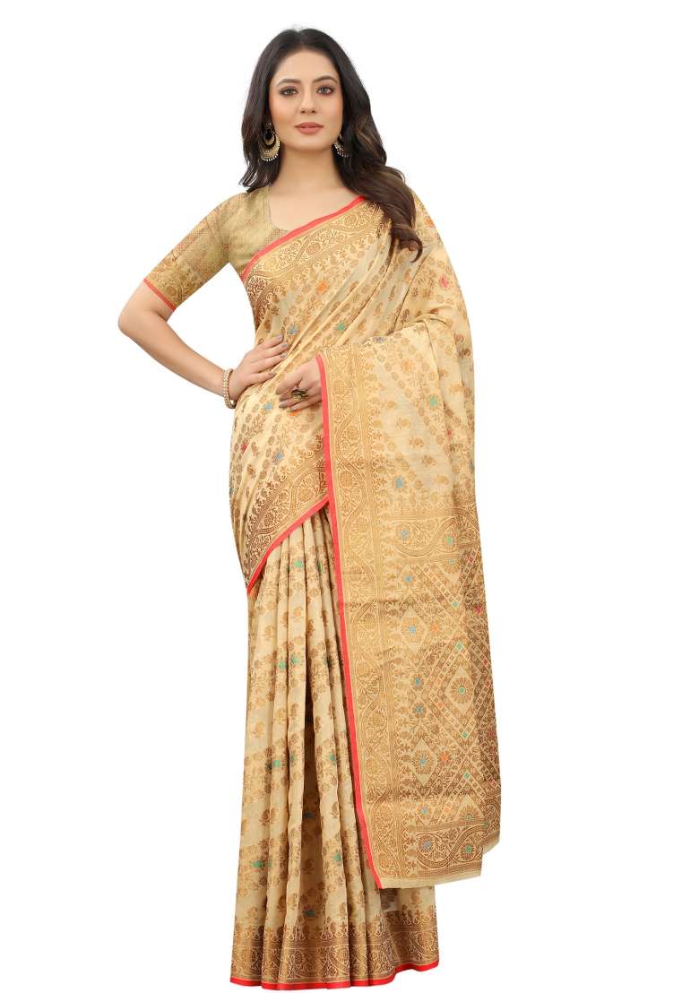 Cream Solid Cotton Blend Saree Set - Indya