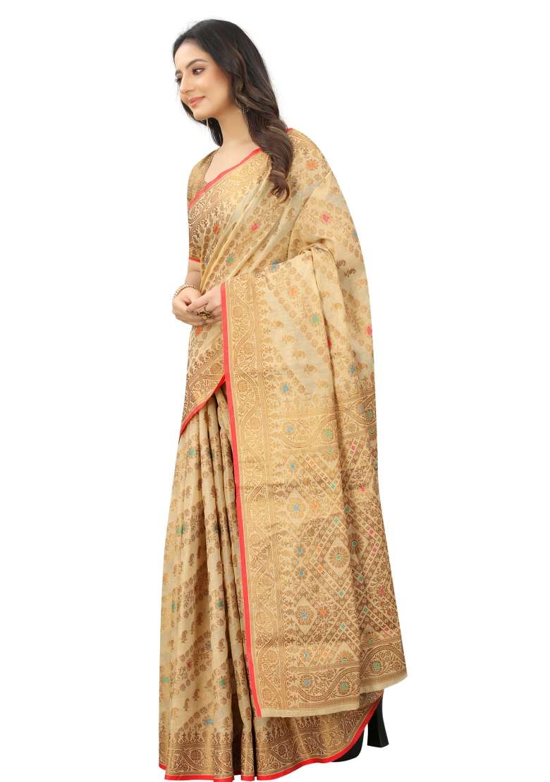 Cream Solid Cotton Blend Saree Set - Indya
